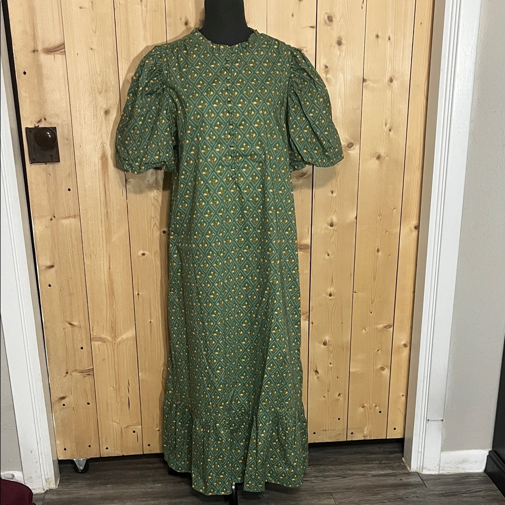 Puffy Sleeve Green Patterned Dress